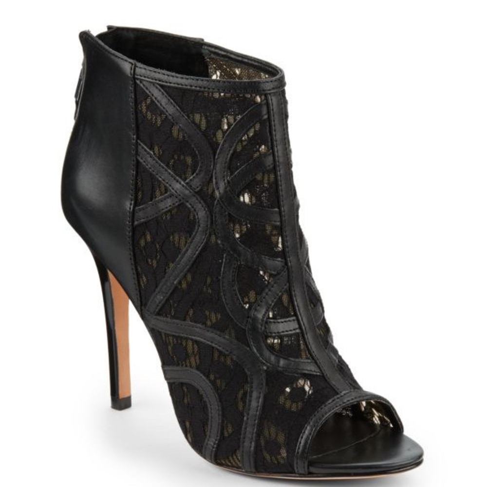 REBECCA MINKOFF 8.5
Moss Leather & Lace Open-Toe Ankle Boots
Originally $325
